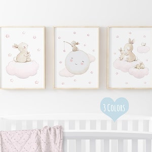 SET of three Nursery prints "BUNNIES" Archival Print, Nursery wall art, Nursery Bunny Print, Bunny wall art, Bunny stars, Moon nursery art.