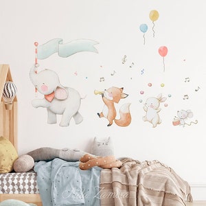 Fabric Wall Decal, ANIMAL PARADE, Nursery wall decal, Circus theme decal, Music band wall decal, Nursery Circus theme, Animals wall decal.