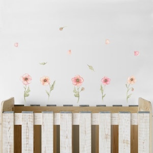 HIGH QUALITY Fabric Wall Decal, Pink POPPIES, Nursery wall decal, Watercolor decal, Flowers wall decal, nursery sticker, Floral stickers.