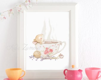 Nursery print "MOUSE in a TEA CUP " Archival Print, Nursery art, Mouse nursery art, Mouse in a tea cup art, tea cup art, Aida Zamora.