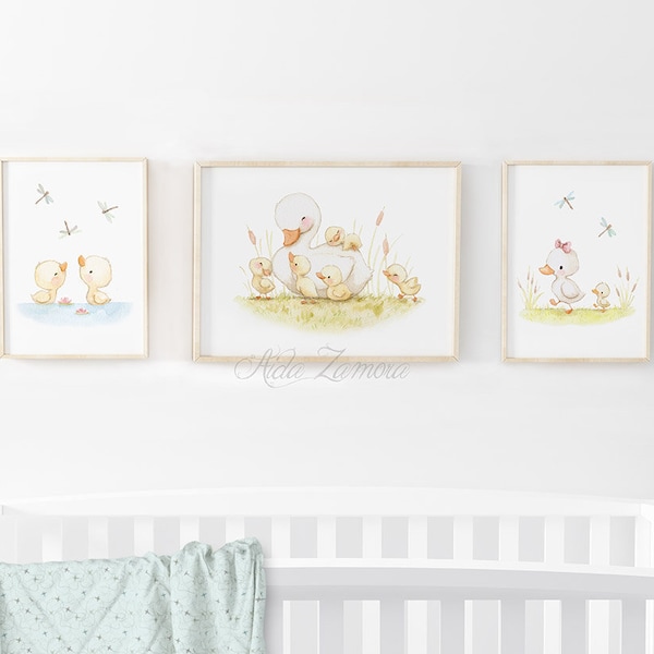 SET of three nursery prints "LITTLE DUCKS" Whimsical art, Duckling nursery Print, Ducks wall art, Watercolor nursery print, Watercolor Ducks