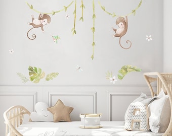 Repositionable Fabric Wall Decal, MONKEYS, Nursery wall decal, Watercolor decal, Nursery sticker, Jungle animals wall decal, Aida Zamora