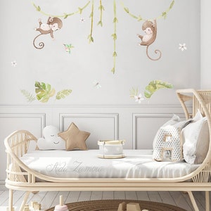 Repositionable Fabric Wall Decal, MONKEYS, Nursery wall decal, Watercolor decal, Nursery sticker, Jungle animals wall decal, Aida Zamora