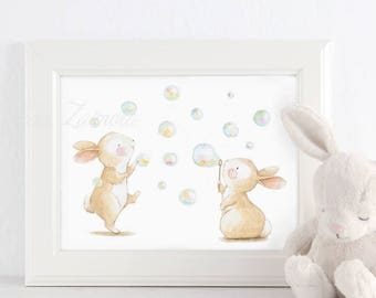 Nursery Art "BUNNY and BUBBLES" Bunnies nursery Print, Bunny Illustration, whimsical art, nursery wall art, bunny watercolor print.