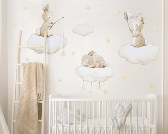 Fabric Wall Decal, BUNNIES fishing STARS, Nursery wall decal, Watercolor decal, Bunny wall stickers, Bunny wall decals, Bunnies clouds decal