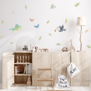 PREMIUM Fabric Wall Decal, JUNGLE BIRDS, Nursery wall decal, Watercolor decal, Safari wall decal, Jungle nursery sticker, Leaves stickers.