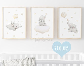 SET of three Nursery Art "ELEPHANTS with WINGS" Nursery wall art, Nursery Elephant Print, Elephant art, Pastel colors prints, Aida Zamora.