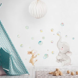 Fabric Wall Decal, BUBBLES, Nursery wall decal, Watercolor decal, Elephant wall decal, Nursery elephant wall stickers, Bunny wall decal.
