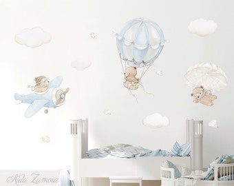 Repositionable Fabric Wall Decal "BEARS in the AIR" Nursery wall sticker, Bears wall decal, Transportation wall decal, Hot air Balloon decal