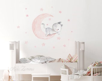 Fabric Wall Decal, CAT and MOON, Nursery wall decal, Watercolor decals, Kittens nursery art, Cat wall decals, Moon wall decal. Aida Zamora