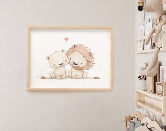 Illustration pour enfants « PAIRE DE LIONS », impression décorative, image de bébé, motif safari, images d'animaux africains, motif lion, Aida Zamora