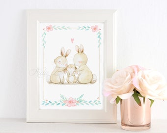 Family Art "BUNNIES FAMILY" Archival Print, Cute Nursery wall art, Family illustration, Watercolor family art, Nursery wall art, Aida Zamora
