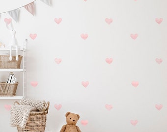 Repositionable Fabric Wall Decal, PINK HEARTS, Nursery wall decal, Watercolor decal, Hearts wall decal, nursery sticker, Heart stickers.