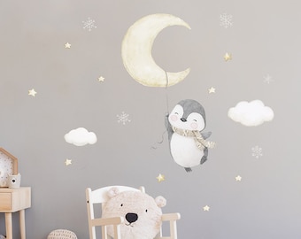 Reusable Fabric Wall Decal, PENGUIN and MOON, Penguin wall decal, Moon nursery, Penguin wall art, Nursery wall decal, Moon decal,Aida Zamora