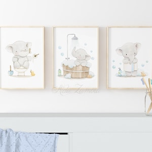 Set of three prints for bathrooms "AN ELEPHANT in my BATHROOM" Bathroom prints, boys bathroom art, Bathroom wall art, kids Bathroom decor.