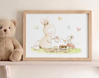 Lámina para niños, HORA del TÉ, Picnic de animales, Cuadro Infantil, Cuadro de conejo, Animales del bosque, Aida Zamora