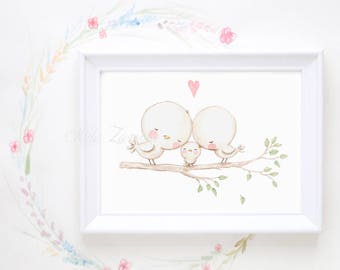 Nursery print "BIDS FAMILY" Archival Print, Nursery wall art, Family art print, Sweet nursery art, Watercolor nursery, Aida Zamora.