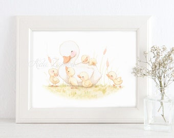 Nursery Art "MOM DUCK and DUCKLINGS" Art Print, Nursery wall art, Ducklings nursery art, Ducklings wall art, Ducklings print for baby