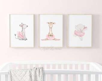 SET of three Girl's Art "SAFARI BALLET" Nursery Girl Print, Pink nursery wall art, Ballerinas art, Giraffe ballerina, Elephant, Aida Zamora