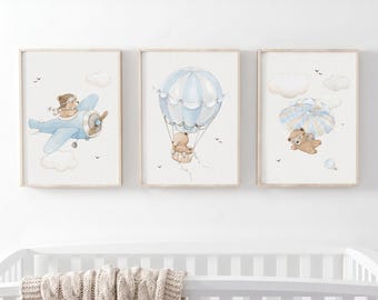 SET of three Nursery Art, BEARS in the AIR, Nursery wall art, Nursery Plane, Boy nursery prints, Hot air Balloon wall art, Watercolor bears.