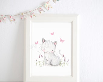 Nursery Art "KITTEN" Art Print, Chidren's art, Cat print, Cat nursery art, Cats wall art, Kittens wall art, Watercolor cat, Aida Zamora