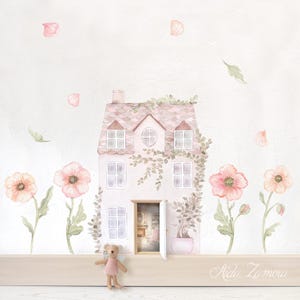 Fabric wall decal, PINK HOUSE, Girls decal, House vinyl, Fairy house sticker, House wall decal, Dollhouse sticker, Victorian house decal.
