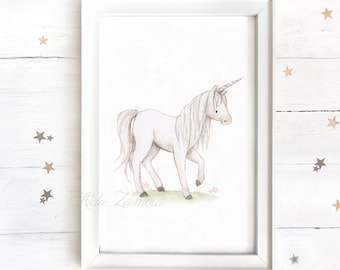Nursery Art "WHITE UNICORN" Art Print, Nursery wall art, Fantasy nursery print, Unicorn Nursery art, Unicorn art, Unicorn print, Aida Zamora