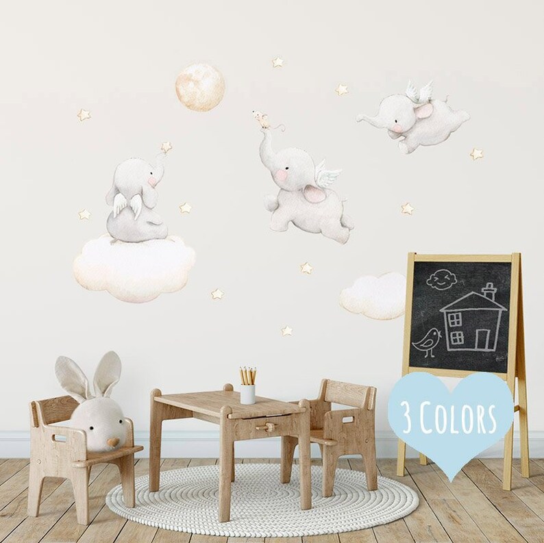 Fabric Wall Decal Flying Elephants Nursery Watercolor Decals Elephant Sticker Baby Aida Zamora