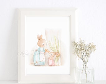 Art for bathrooms "MOM is ALWAYS THERE"  wc Watercolor print, Bunny wall art, Bathroom wall art, Bathroom picture, wc wall art, Aida Zamora.