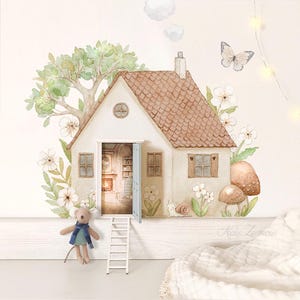 May include: A charming watercolour illustration of a miniature house with an open door, revealing a cosy interior. A small mouse with a blue scarf stands near a ladder. The scene includes a tree, flowers, mushrooms, and a butterfly, creating a fairytale atmosphere.