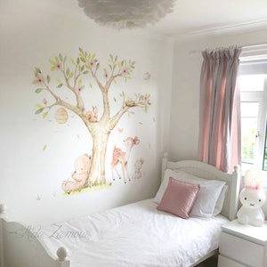 Woodland Fabric Wall Decal, WOODLAND ANIMALS, Unisex wall decal, Watercolor decals, tree decal, Tree wall decals, Nursery wall decal, Forest