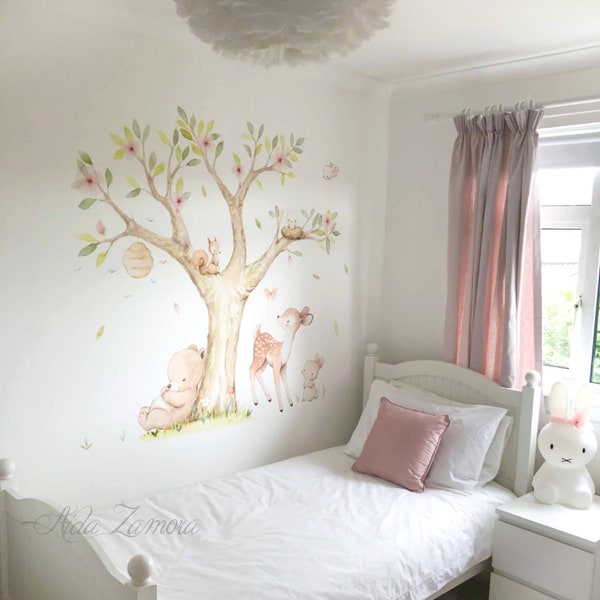 Vinyle en tissu pour enfants, ANIMAUX FORESTIERS, Vinyle d’arbre, Vinyle pour bébé, Vinyle aquarelle, Vinyle forestier, Vinyle pour enfants d’arbre, Aida Zamora