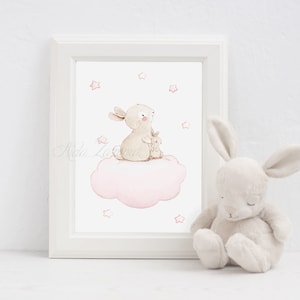 Nursery print &quot;BUNNIES and CLOUDS&quot; Whimsical art, Nursery art, Bunny nursery art, Bunny wall art, Baby wall art, Watercolor bunny art.