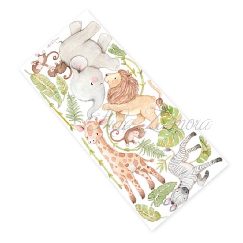 May include: Watercolor illustration of jungle animals including an elephant, lion, giraffe, zebra, and monkeys. The animals are surrounded by green leaves and vines. The artwork has a soft, pastel color palette.