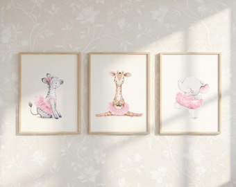 SET of three Girl's Art "SAFARI BALLET" Nursery Girl Print, Pink nursery wall art, Ballerinas art, Giraffe ballerina, Elephant, Aida Zamora
