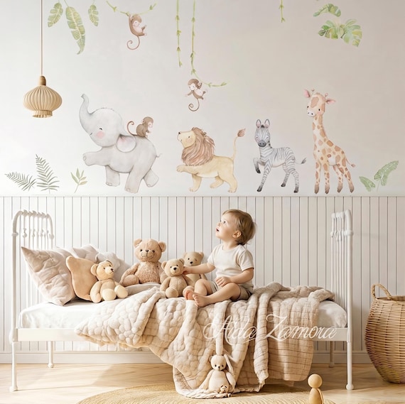 Vinilo Infantil Safari | Decoración Habitación Bebé, Animales de la Selva, Adhesivo de Pared de Tela Neutro