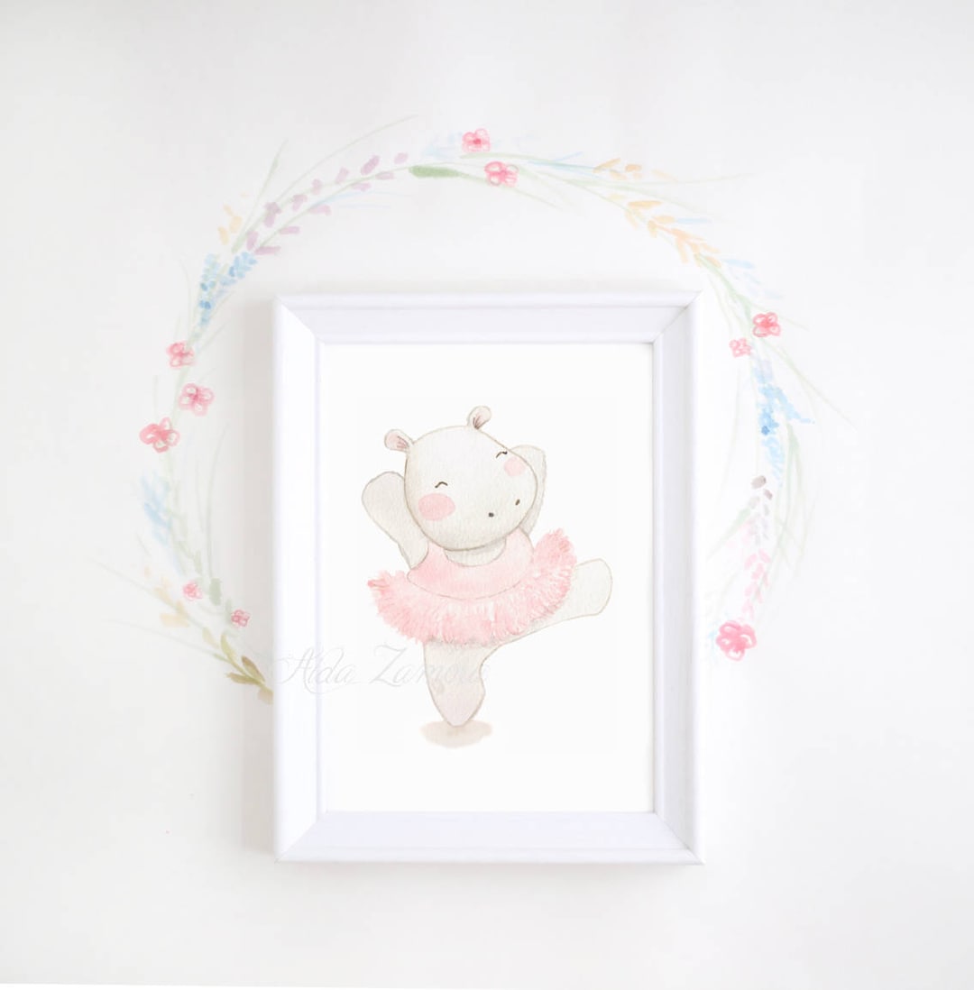 Nursery Art hippo Ballerina Art Print, Pink Wall Art, Ballerina Nursery