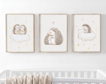 SET of three Nursery Art, HEDGEHOGS, Archival Print, Nursery wall art, Hedgehogs nursery print, Woodland animals art, Hedgehogs wall art.