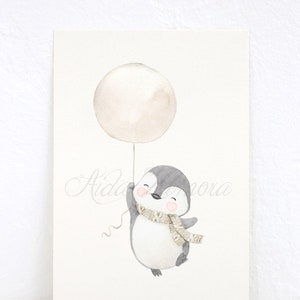 May include: A watercolor illustration of a penguin wearing a scarf and holding onto a light pink balloon. The penguin is smiling and has pink cheeks.
