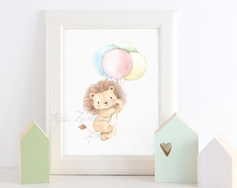 Peinture d'enfant : LION avec des BALLONS, Motifs animaliers, Peinture d'enfant, Animaux avec des ballons, Safari.