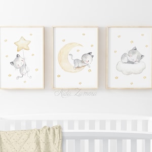 SET of three Nursery Art "KITTENS" Nursery wall art, Nursery Cats Print, Cats art, Pastel colors prints, Cats wall art, Aida Zamora.