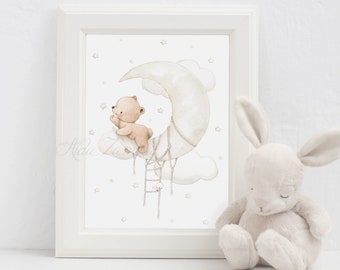 Nursery art print, Bear on the Moon, Baby print, Bear wall art, Bears fishing for stars, Bear art prints, Watercolor bear, Aida Zamora.