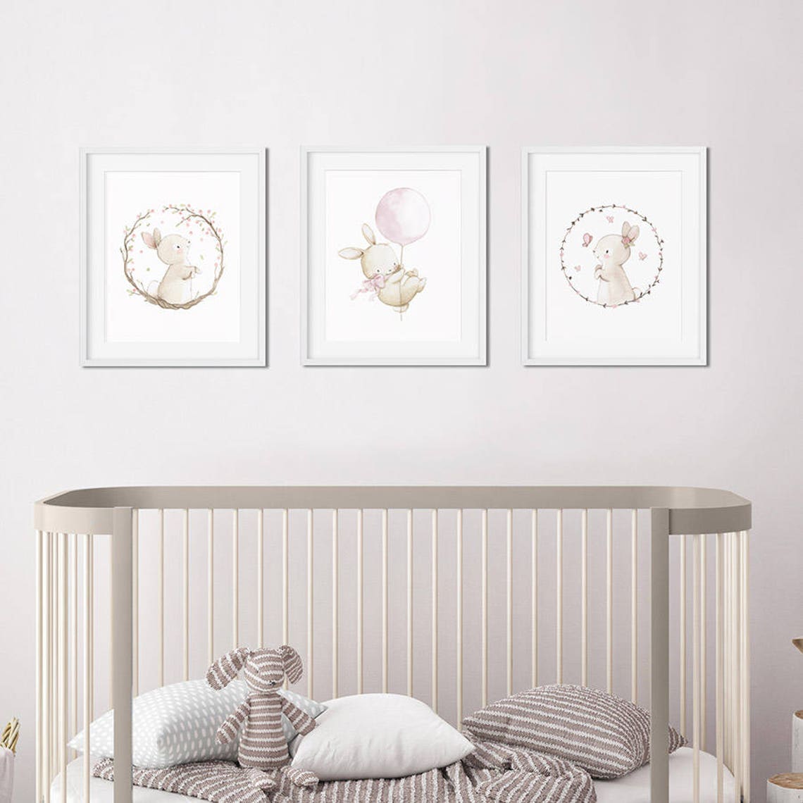 SET of Three Baby Girl Nursery Art "bunnies" Archival Print, Nursery ...