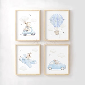 Conjunto de QUATRO "MEIOS DE TRANSPORTE" Estampas Fotos Infantis de Coelhos, Estampas para Bebês, Estampas para Crianças, Estampas de Veículos.