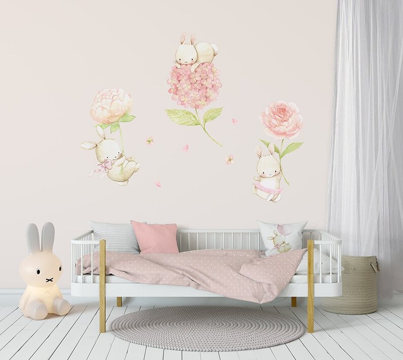 Fabric Wall Decal FLORAL BUNNIES Nursery Wall Decal Etsy