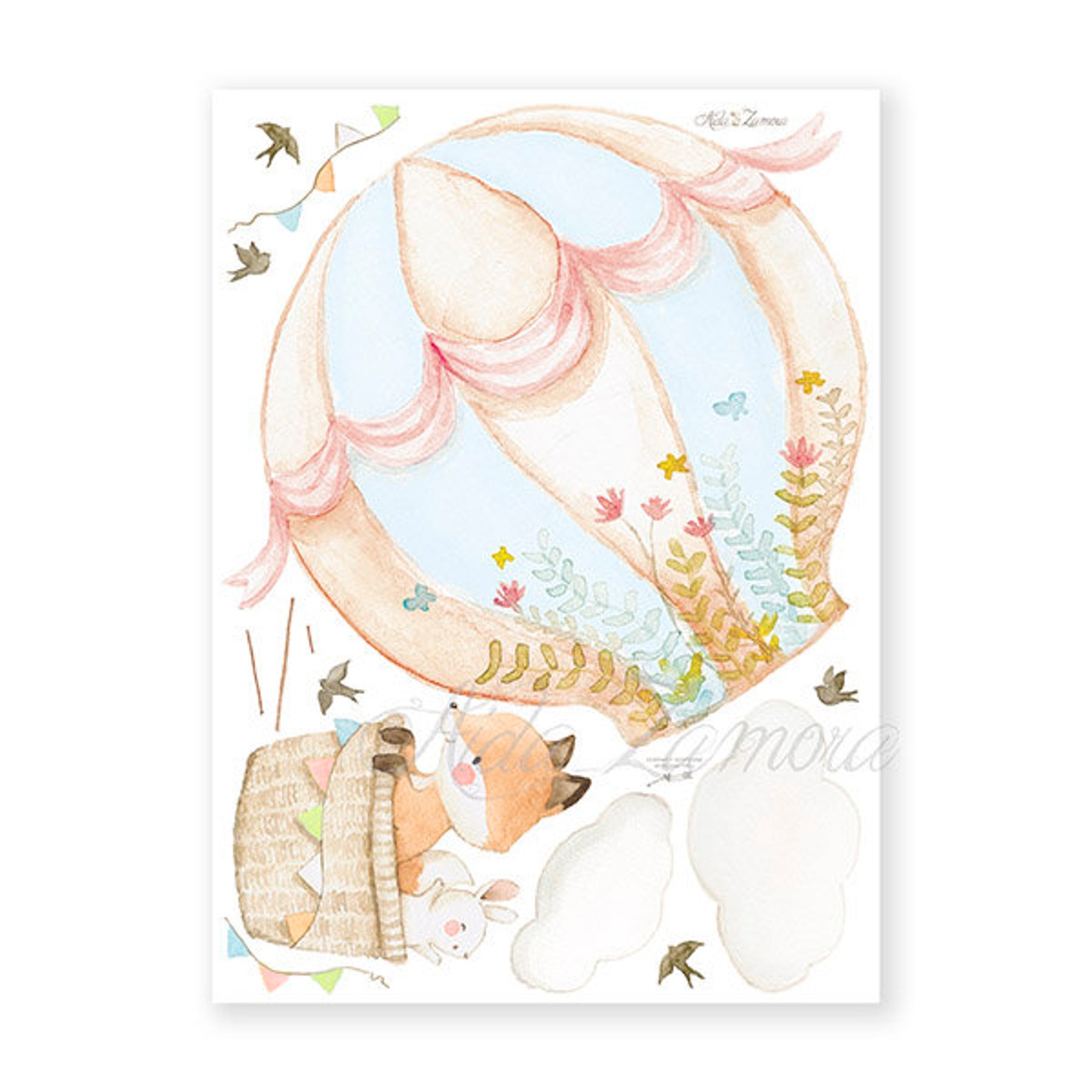Fabric Wall Decal HOT AIR BALLOON Fox and Bunny Wall Decal Etsy
