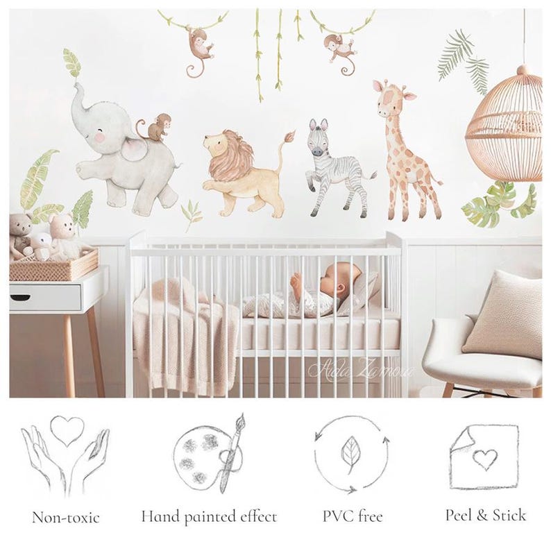 Vinilo de elefante y jirafa de tela - Removable Fabric Elephant and Giraffe wall stickers for kids room..