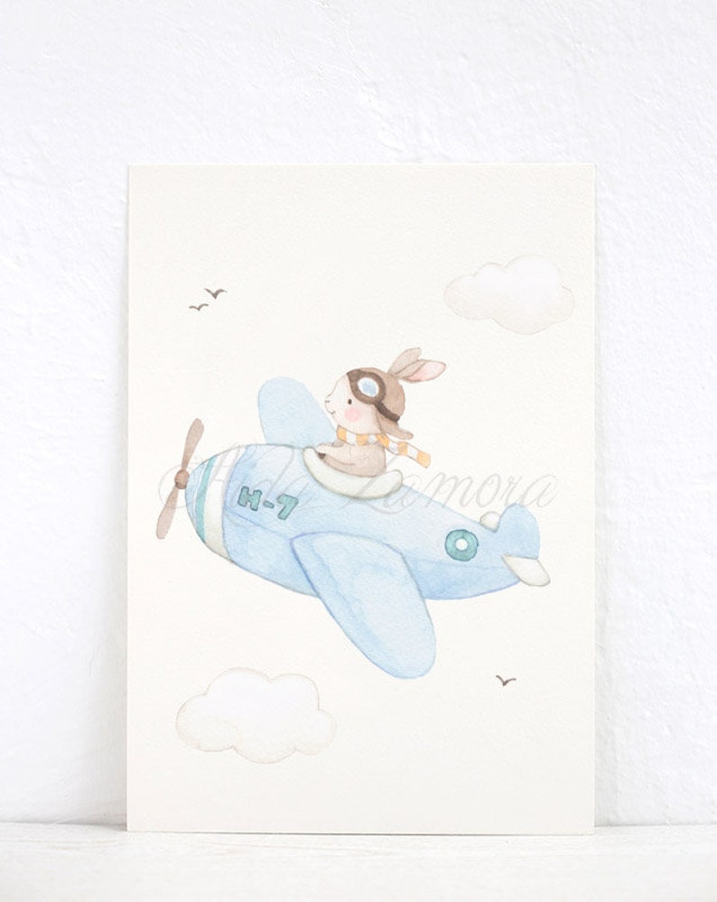 Nursery Art BUNNY PLANE Nursery wall art, Nursery Plane, Boy nursery prints, Plane wall art, watercolor nursery, Airplane nursery wall art image 4