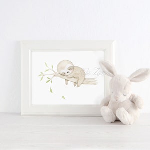 Quadro per bambini "SLOTH" Stampa per bambini, Illustrazione per neonati, Stampe di bradipi, Animali della giungla, Cuccioli di animali, Aida Zamora