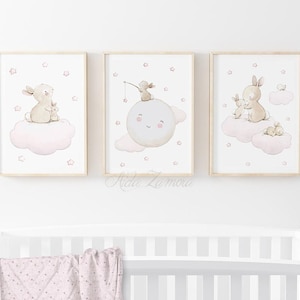 SET of three Nursery prints &quot;BUNNIES&quot; Archival Print, Nursery wall art, Nursery Bunny Print, Bunny wall art, Bunny stars, Moon nursery art.